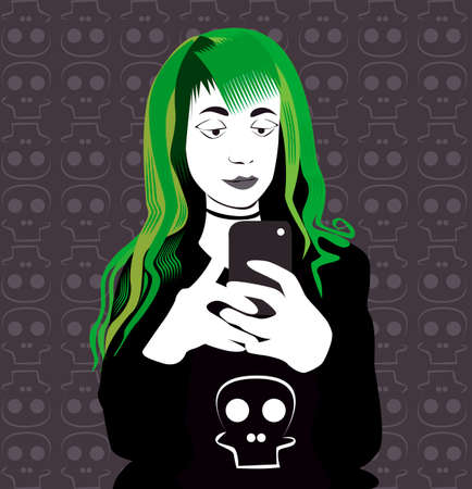 Girl with green hair and smartphoneのイラスト素材