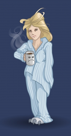 Sleepy angry girl with big cup of coffeeのイラスト素材