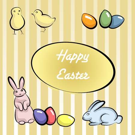 Happy Easter card with rabbits, chicks and painted eggsのイラスト素材