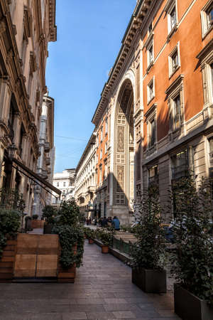 MILANO - ITALY - February 21, 2017: Via Silvio Pellico, side entrance of the Galleria Vittorio Emanuele II,  near to the access to Highline Galleria.  Milan, Lombardy, Italyのeditorial素材