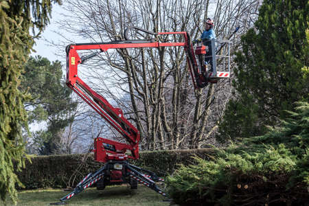 A gardener moves by his tracked basketの写真素材