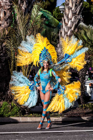 NICE - FRANCE - March 01, 2014: Carnival of Nice, Flowers' battle. Samba dancersのeditorial素材