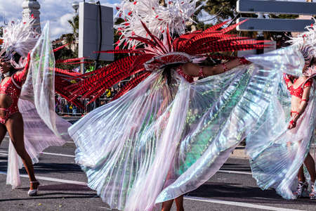 NICE - FRANCE - March 01, 2014: Carnival of Nice, Flowers' battle. Samba dancersのeditorial素材