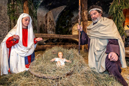 ARGEGNO, COMO LAKE - ITALY - January 01, 2017: Live nativity scene played by local inhabitants. Reenactment of Jesus life  with ancient crafts and customs of the pastのeditorial素材