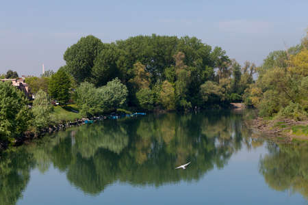 View of the  Adda river in Lodi, from the bridgeの写真素材