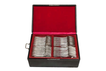 Vintage silverware in red velvet box, circa 1920の写真素材