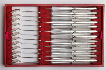 Vintage silverware red box isolated on white background, circa 1920の写真素材