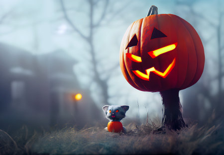 Fantasy little monster creature and pumpkins in Halloween festive with copy space for poster, greeting card, banner, party, invitation, Ai generated, advertising, trick or treatの素材