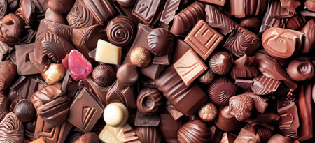 Ai Generated, Generative Ai, Top view stack pile of various kind of chocolate cacao candies, mixed flavor, some broken or cracked, bitter and milk and dark, bonbon, world chocolate day conceptの素材