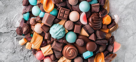 Ai Generated, Generative Ai, Top view stack pile of various kind of colorful chocolate cacao candies, mixed flavor, bitter and milk and dark, bonbon, with copy space, world chocolate day conceptの素材