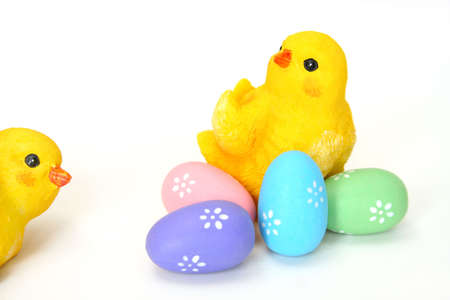 \r\n chicks with easter eggs isolated on white background.