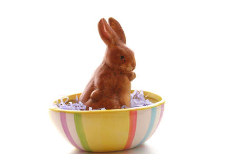 Easter bunny in a egg shape ceramic bowl isolated on a white background.の写真素材