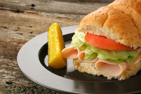 Turkey Sandwich with fixings on wheat bread and a pickle on the side.の写真素材