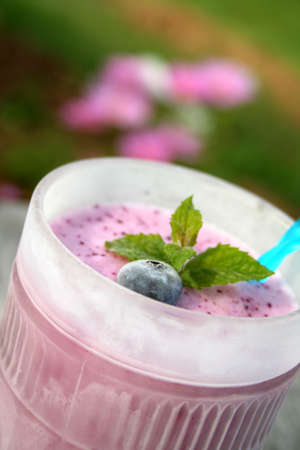 Blueberry smoothie in a frosted glass and garnished with a fresh blueberry and mint leaves. Shot outside with blurred flowers in the background. Shot with a shallow depth of field and selective focus.の写真素材