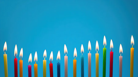 Vibrant candles glowing against a blue backdrop, creating a festive and celebratory atmosphere.の素材