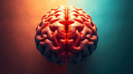 Artistic illustration of human brain halves, symbolizing duality and cognitive contrast.の素材