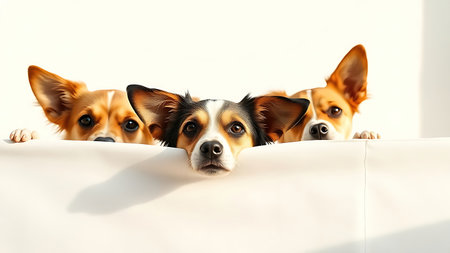 Playful dogs peeking over a white barrier with curious expressions in warm light.の素材