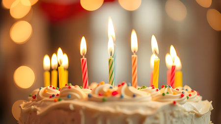 Birthday cake illuminated by glowing candles, creating a warm and festive atmosphere.の素材
