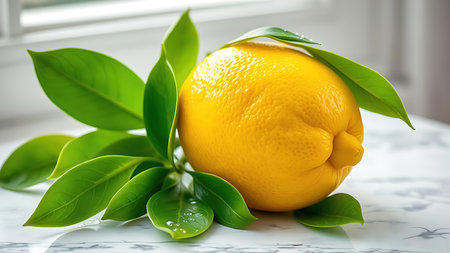 Fresh lemon with green leaves on marble, highlighted by natural light and water droplets for a crisp aesthetic.の素材