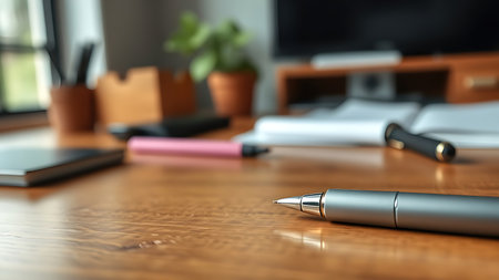 A single pen lying on a wooden desk with blurred background, professional workspace vibe.の素材