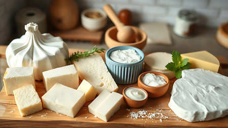 Assorted dairy products on wooden board, rustic kitchen setting with soft light.の素材
