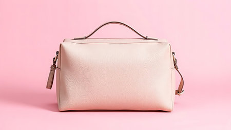 Stylish cosmetic bag with luxurious texture placed on a soft pink background in a flat lay composition.の素材