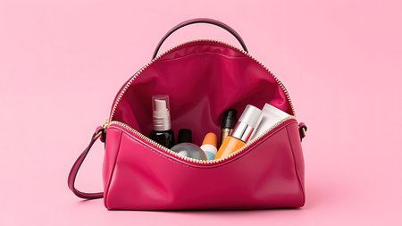 Elegant cosmetic bag opened on a pink background, showingcasing beauty products inside.の素材