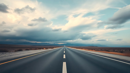 Panoramic view of an empty road under cloudy skies, capturing a serene and open landscape.の素材