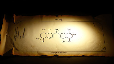 Vintage cracked parchment with a forgotten chemical diagram, illuminated by a validating beam of light.の素材