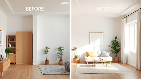 Interior renovation progress comparison, showing a simple room transformation with ambient lighting.の素材