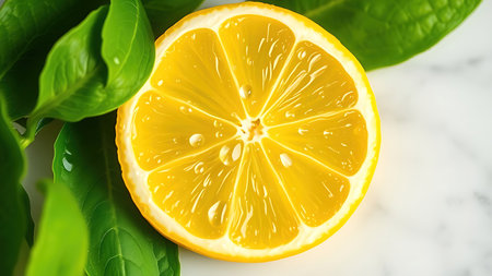 Juicy lemon slice with water droplets on a white marble surface.の素材