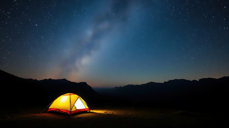 A glowing tent beneath the Milky Way in a serene mountain landscape, capturing tranquil camping under natural light.の素材
