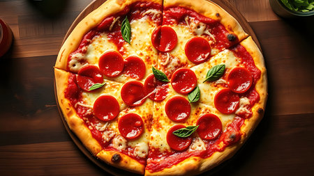 Freshly baked pepperoni pizza with gooey cheese, captured from above in warm inviting light.の素材