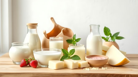 Fresh dairy products neatly arranged on a wooden table with soft natural lighting.の素材