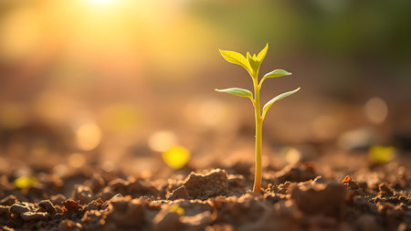 Young sapling emerging from rich soil, sunlight filtering through leaves in a detailed macro view.の素材