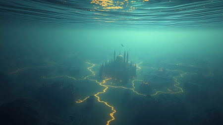 Submerged Atlantean cityscapes with ancient glowing migration paths beneath rippling water.の素材