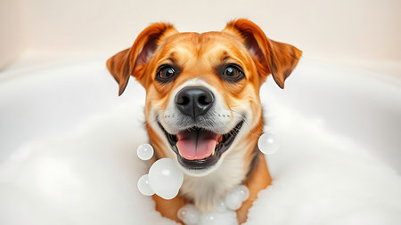 A playful dog enjoying a bubble bath, surrounded by foam and bubbles in a lighthearted moment.の素材