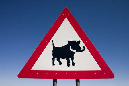 Close up of a warning sign for warthogs on the roadside in Namibiaの写真素材