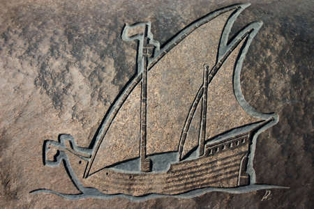 Carving of a boat at Cape Cross on the Skeleton Coast, Namibia, commemorating Diago Cao's discovery of Namibiaの写真素材