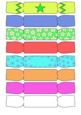 eight illustrated Christmas crackers on a white backgroundの写真素材