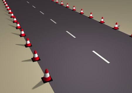 Illustrated road with lines of traffic conesの写真素材