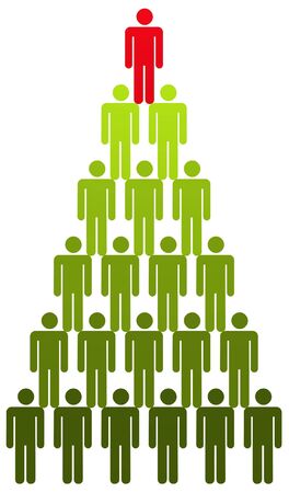 Illustration of men standing on top of each others shoulders forming a pyramid with the top person colored redの写真素材