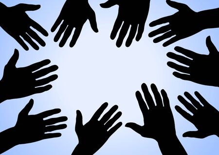 Illustration of many hands on a blue surfaceの写真素材