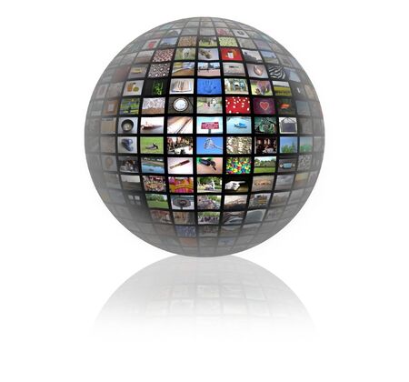 Sphere covered in lots of photos and illustrationsの写真素材