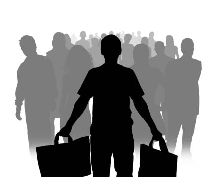 Illustration of a person standing at the front of a crowd, holding bagsの写真素材
