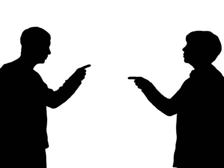 Illustration of a male and female pointing towards one anotherの写真素材