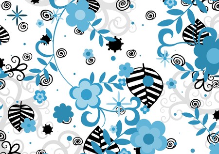 Abstract illustration of black and blue flowers and leavesの写真素材
