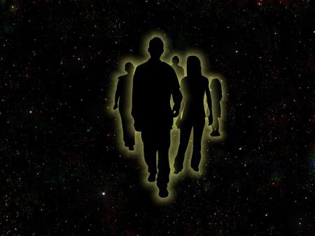 Illustrated people on a space backgroundの写真素材