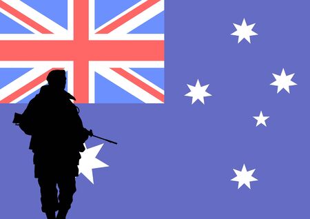 Silhouette of an Australian soldier with the flag of Australia in the backgroundの写真素材