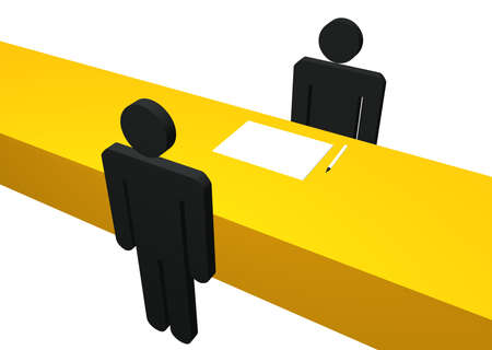 Illustration of  a table with two characters, a book and pen.の写真素材